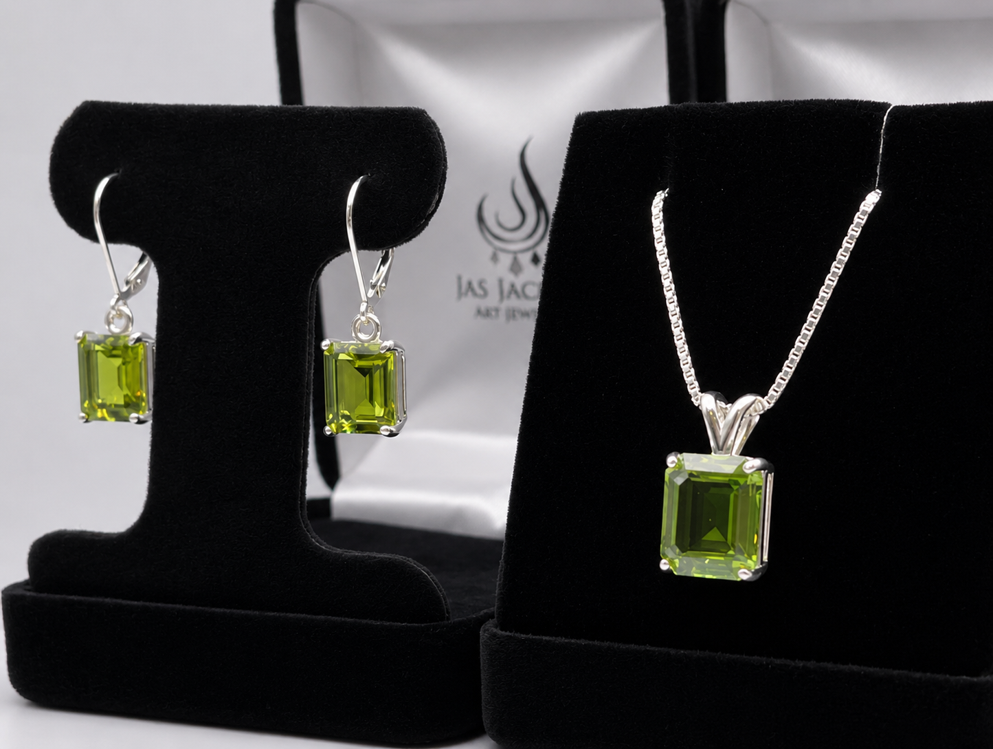 Emerald Cut Peridot Necklace and Earrings Set in Sterling Silver | August Birthstone Jewelry Gift for Her