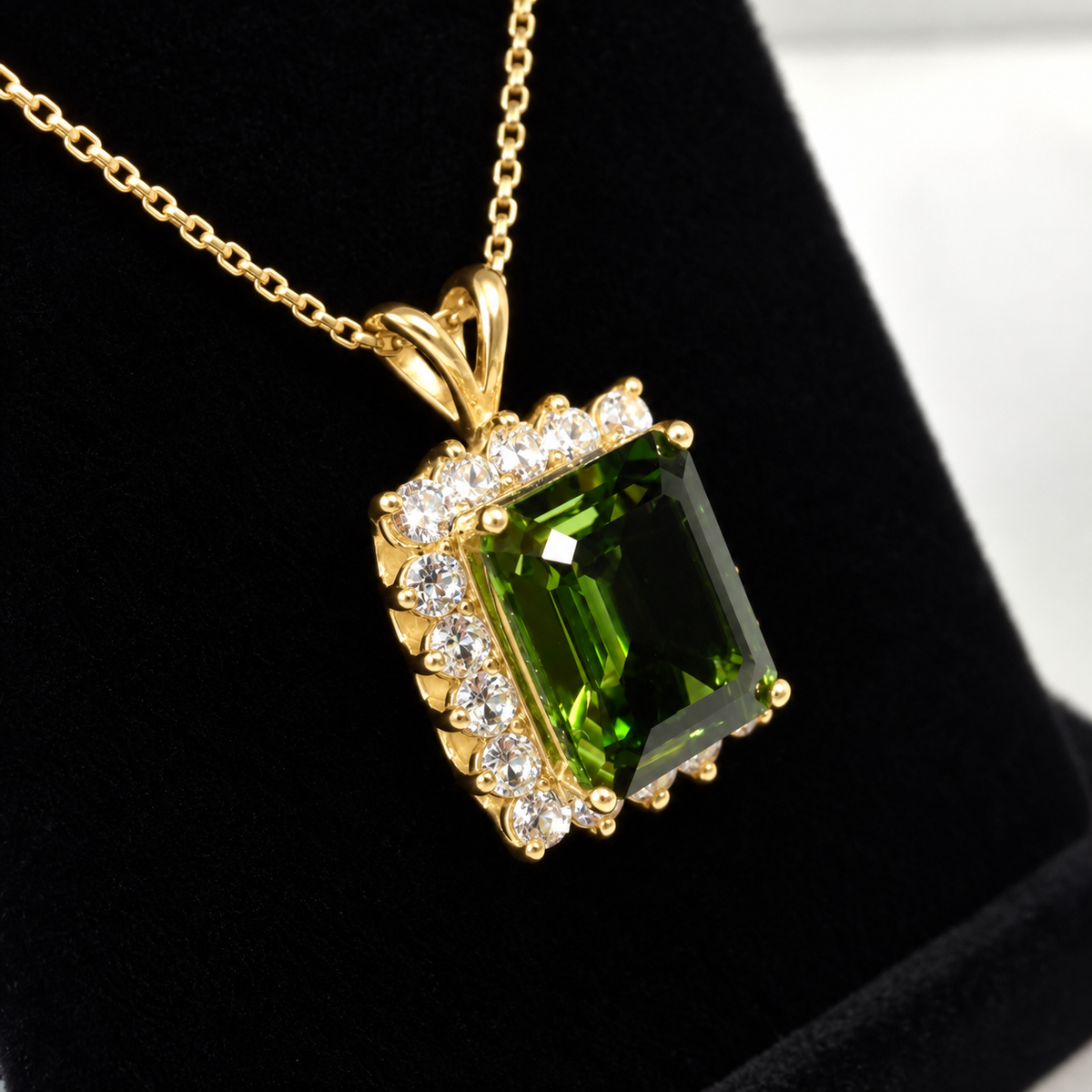 8ctw Emerald Cut Peridot & White Sapphire Halo Pendant
