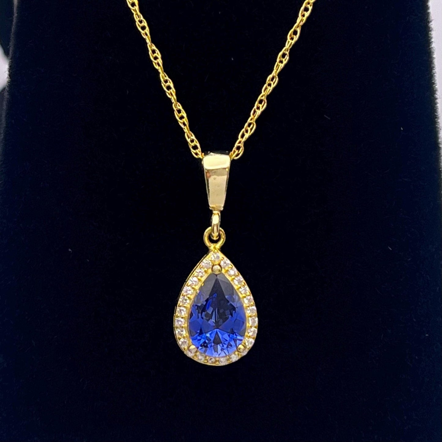 Beautiful 1.5ct Sapphire Necklace Halo Pendant 14k Yellow Gold Vermeil 16” 18” Bridal Jewelry Gift Teardrop