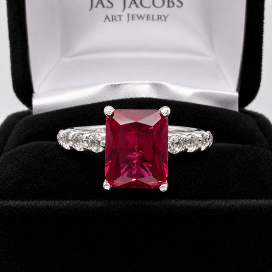 4.64 CTW Emerald Cut Ruby Ring | Diamond Band
