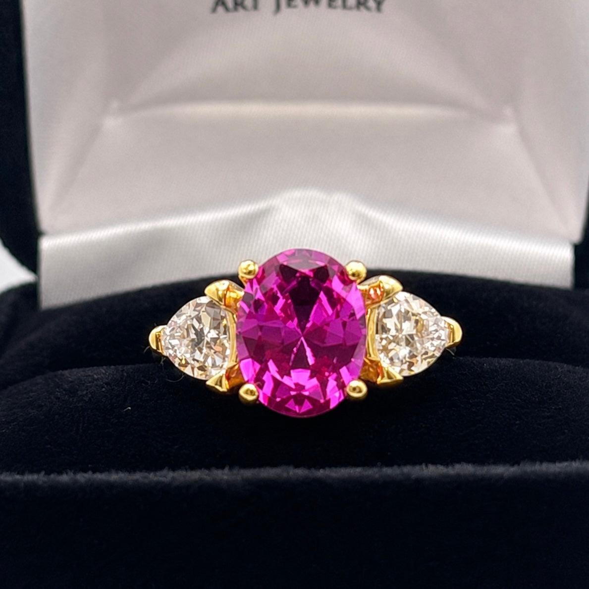 4ctw Bright Pink Sapphire Ring | White Sapphire Trillions | Three-Stone