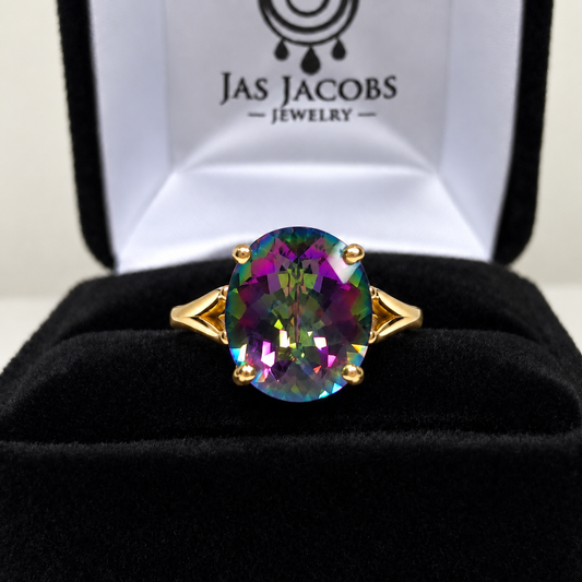 5ct Rainbow Mystic Topaz Ring – Oval Checker Cut Statement Solitaire
