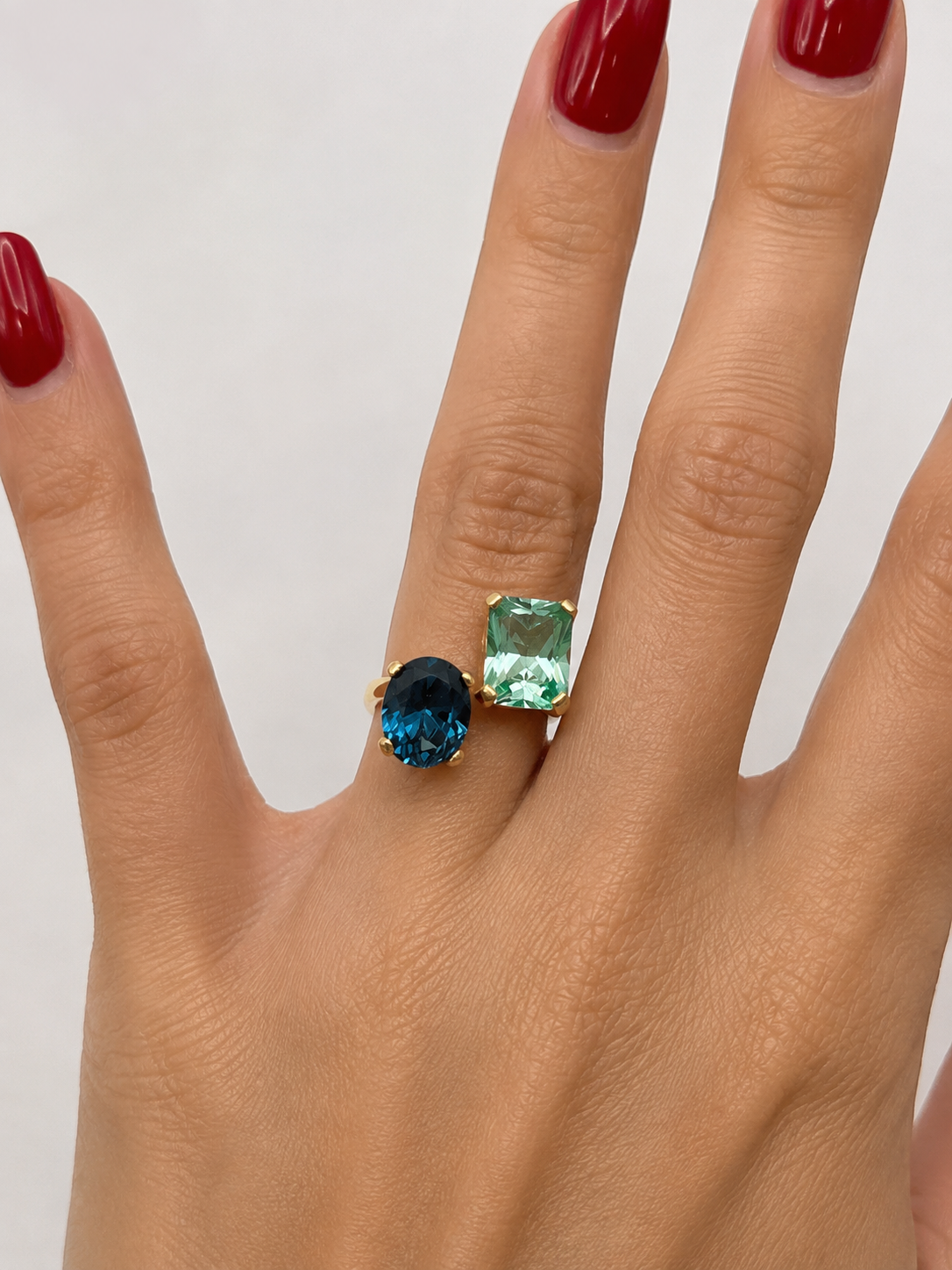 6.5ctw London Blue & Mint Green Spinel Ring | Toi et Moi Ring | Open Adjustable Design