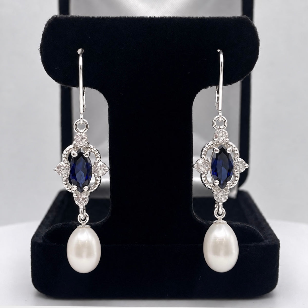 Blue Sapphire & Pearl Vintage Inspired Dangle Earrings