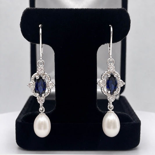 Blue Sapphire & Pearl Vintage Inspired Dangle Earrings