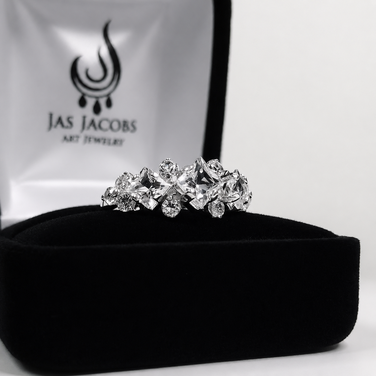 Art Deco Inspired Princess Cut White Sapphire and Diamond Three Stone Ring