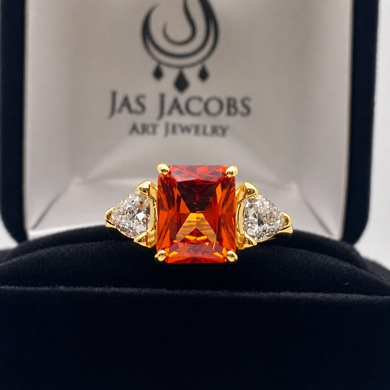 5.5ct Emerald Cut Padparadscha Sapphire Ring | Trillion Cut White Sapphire Three Stone Ring