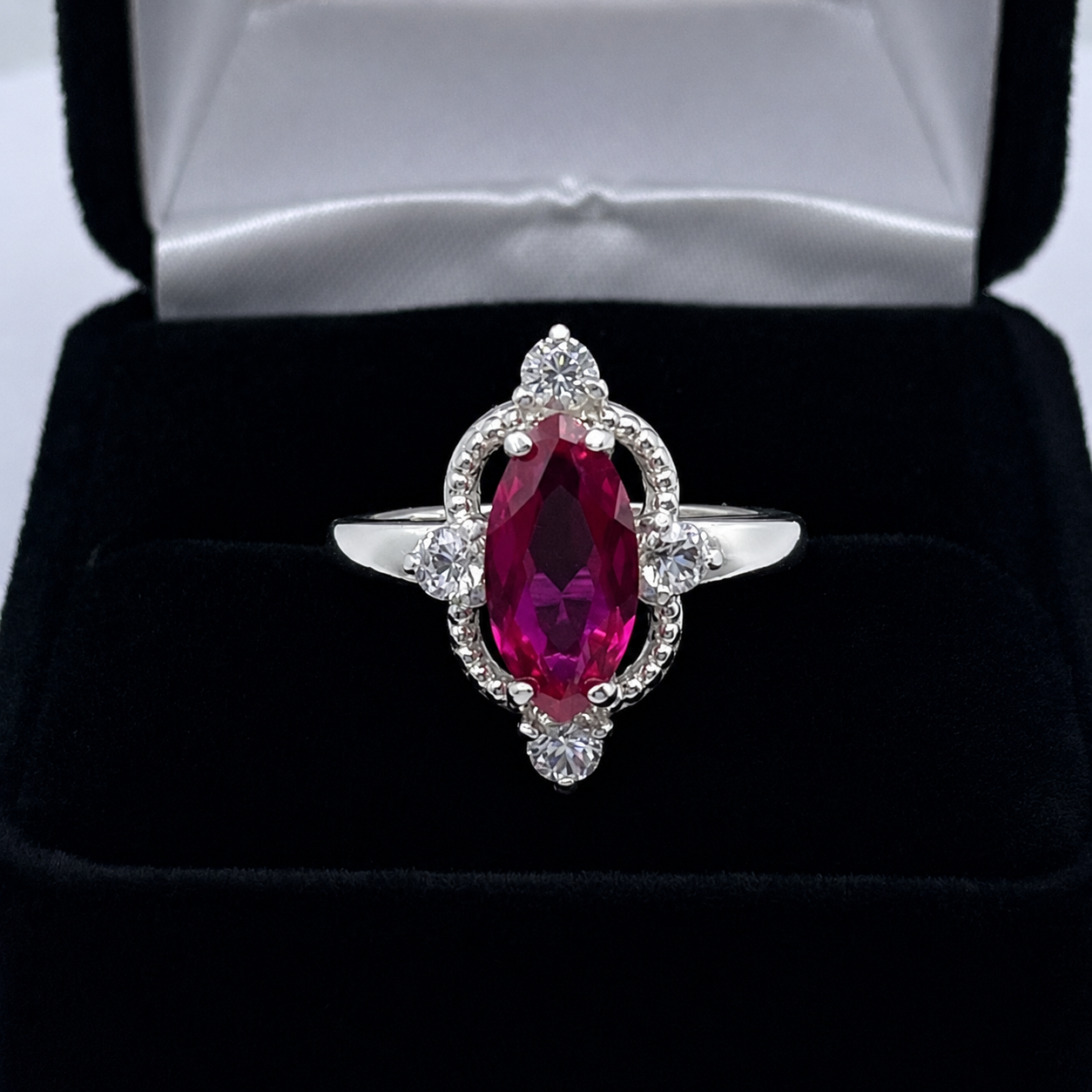 2.4ct Marquise Cut Ruby Ring with Diamond Accents | Vintage Inspired Sculptural Design