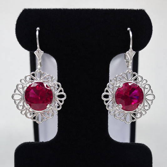 9ctw Round Lab Grown Ruby Filigree Drop Earrings