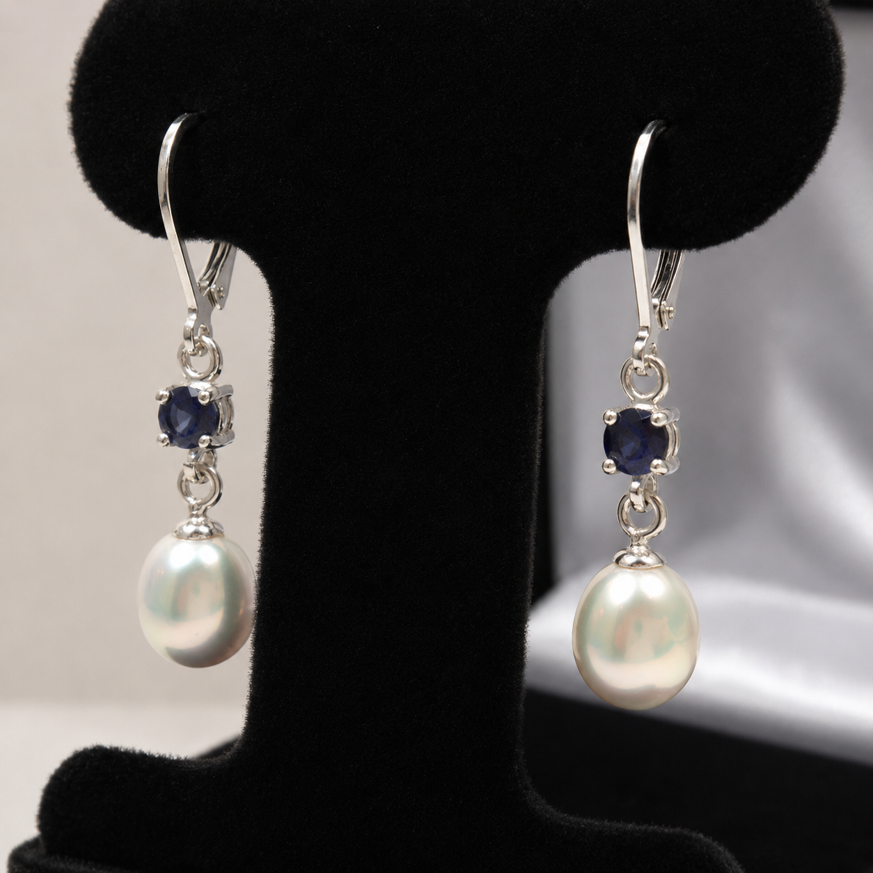 Freshwater Pearl & Blue Sapphire Drop Earrings