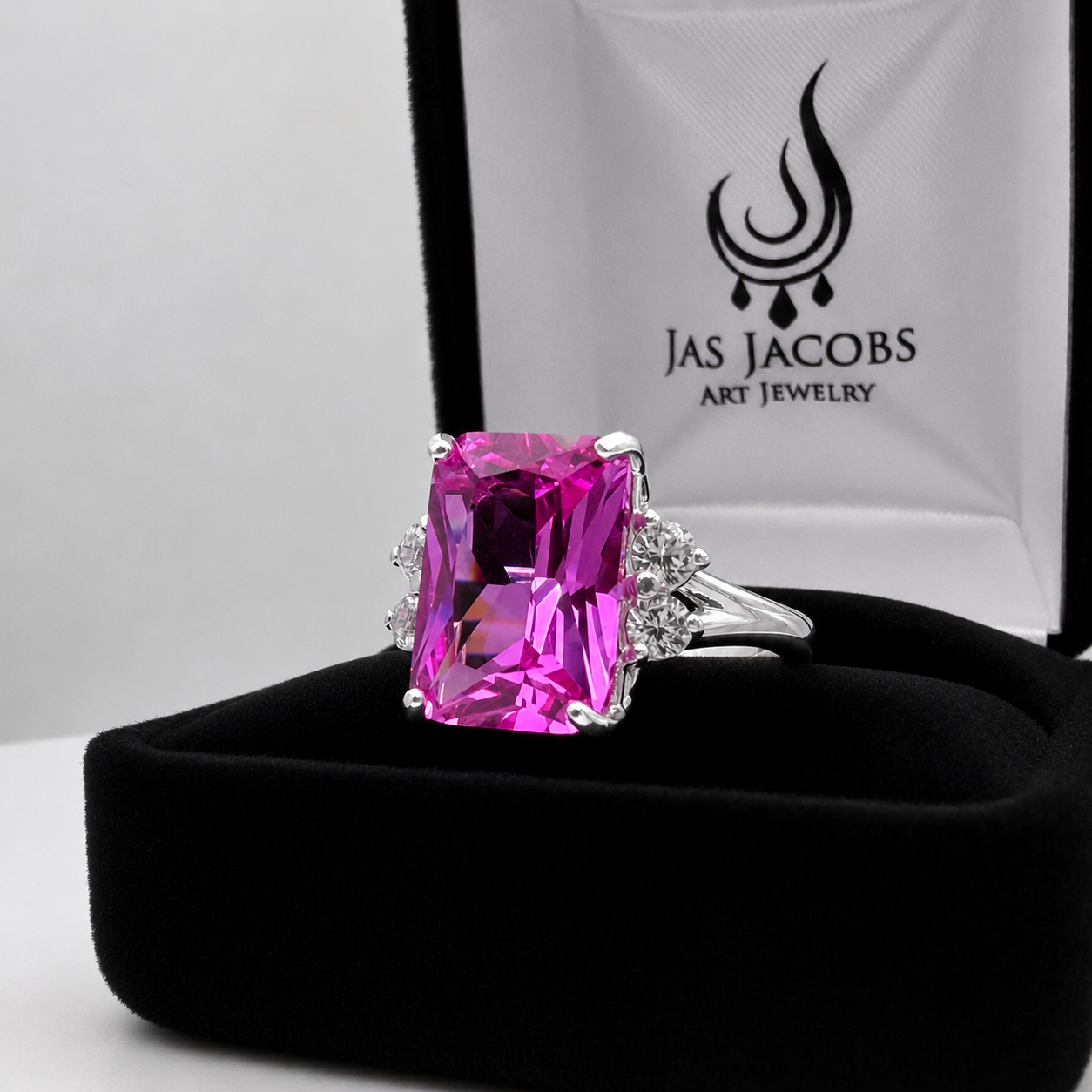 8ct Emerald Cut Pink Sapphire Ring with Diamond Accents | Available in 10k & 14k Gold or Sterling Silver