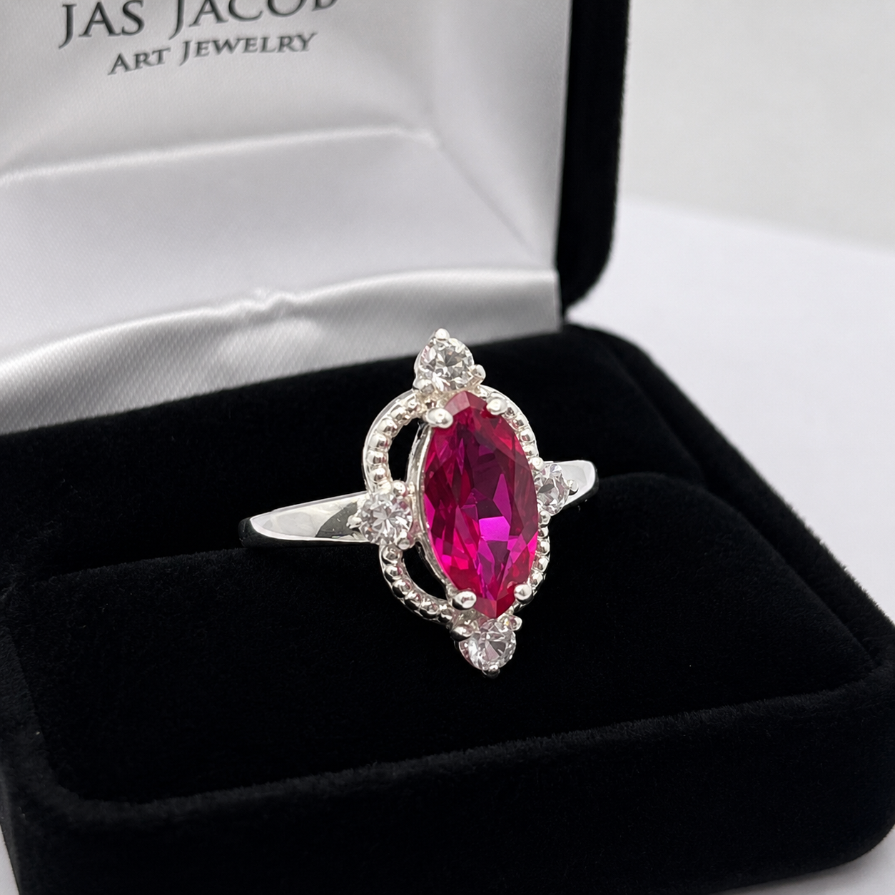 2.4ct Marquise Cut Ruby Ring with Diamond Accents | Vintage Inspired Sculptural Design