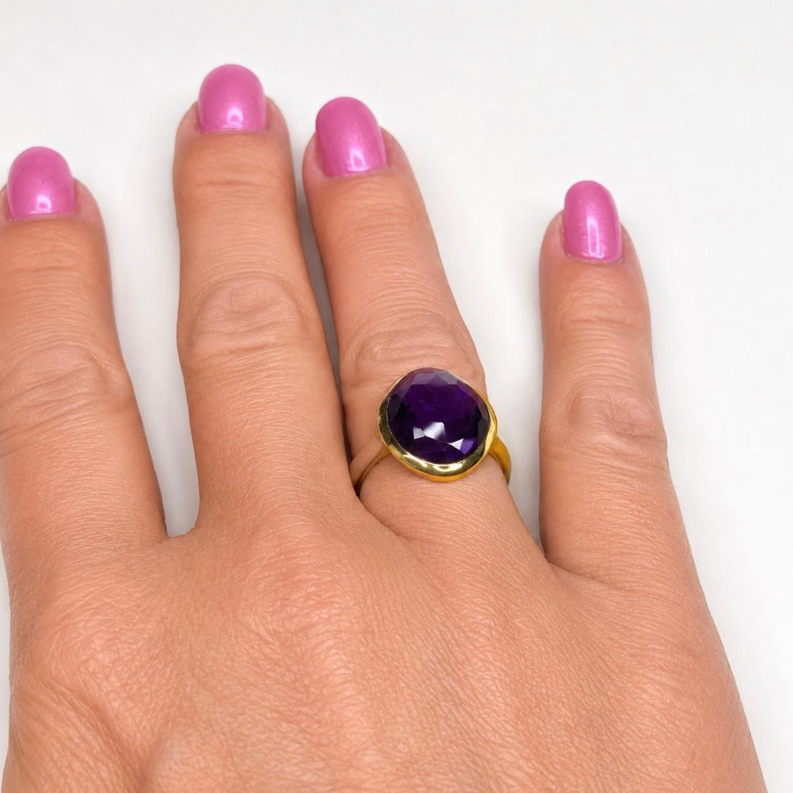 5ct Checker Cut Amethyst Ring | 18K Yellow Gold Vermeil | Modern Bezel Statement Ring