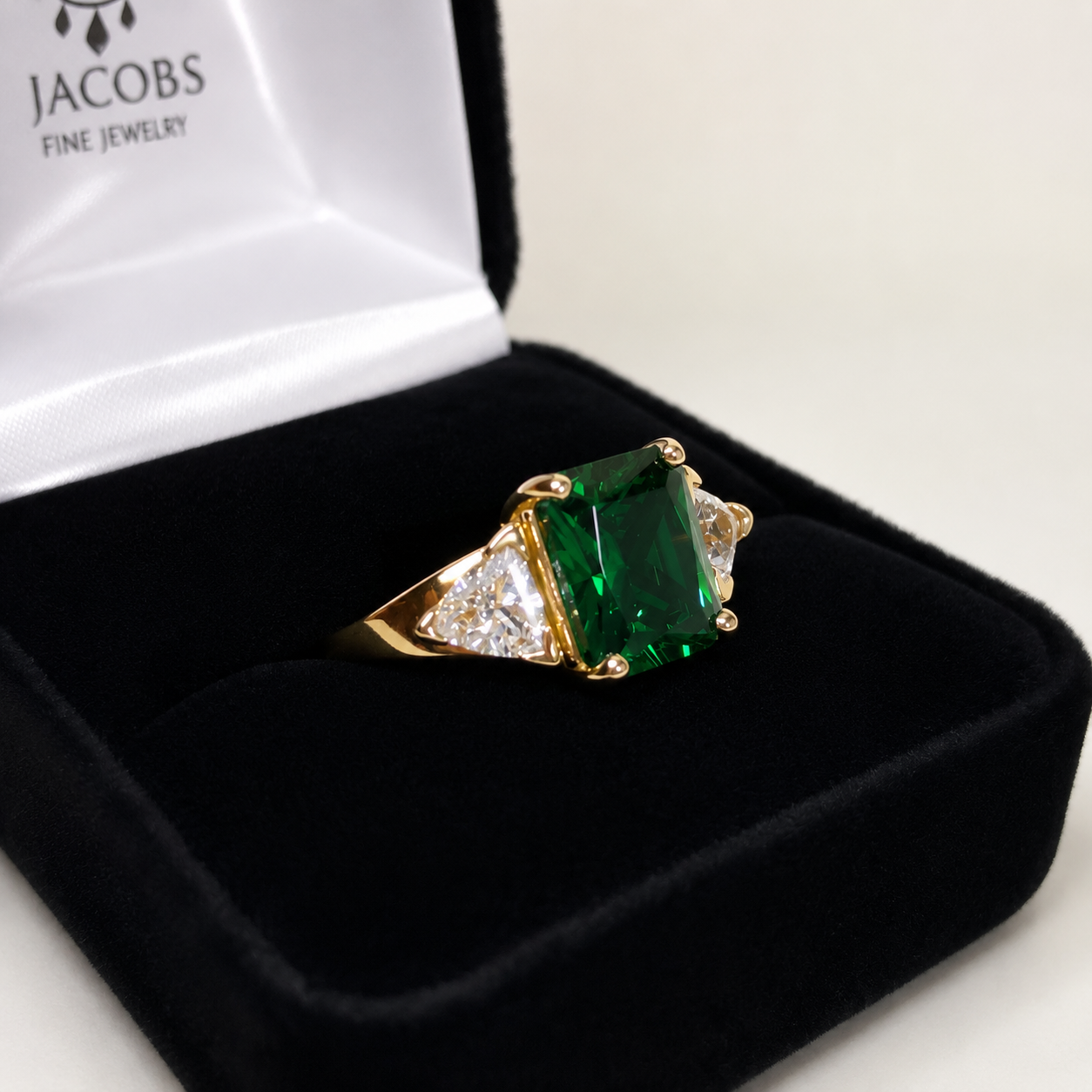 4.5CTW Emerald Cut Emerald Ring | Trillion White Sapphire Three Stone Ring