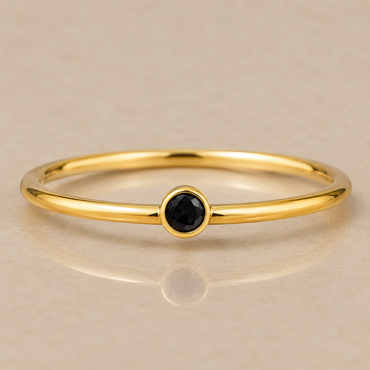 14K Yellow Gold Filled Black Cubic Zirconia Ring | Water Resistant Stackable Ring | Dainty Bezel Set Black Stone Ring