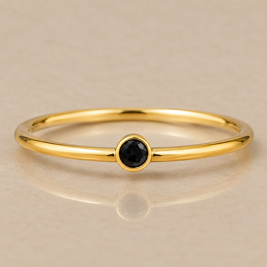 14K Yellow Gold Filled Black Cubic Zirconia Ring | Water Resistant Stackable Ring | Dainty Bezel Set Black Stone Ring