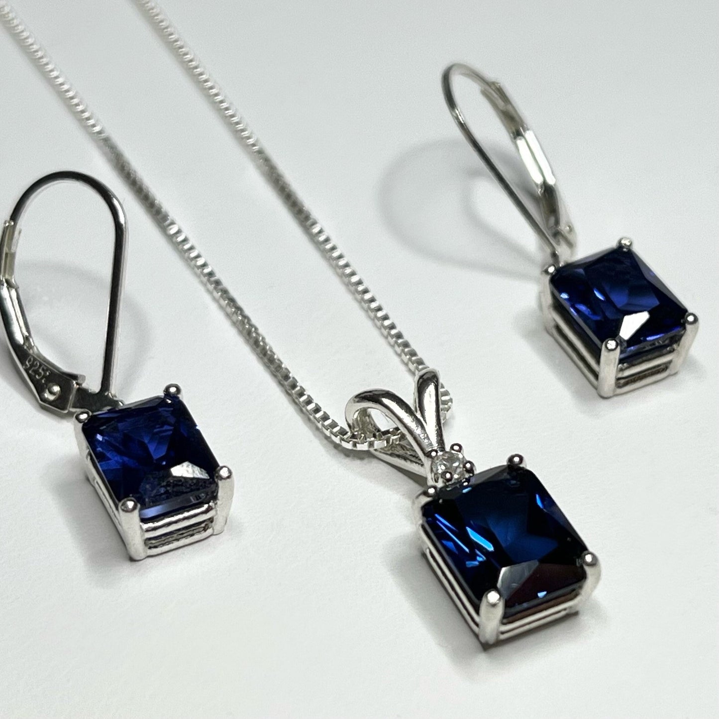 Gorgeous 7ctw Emerald Cut Sapphire Earrings & Necklace Set