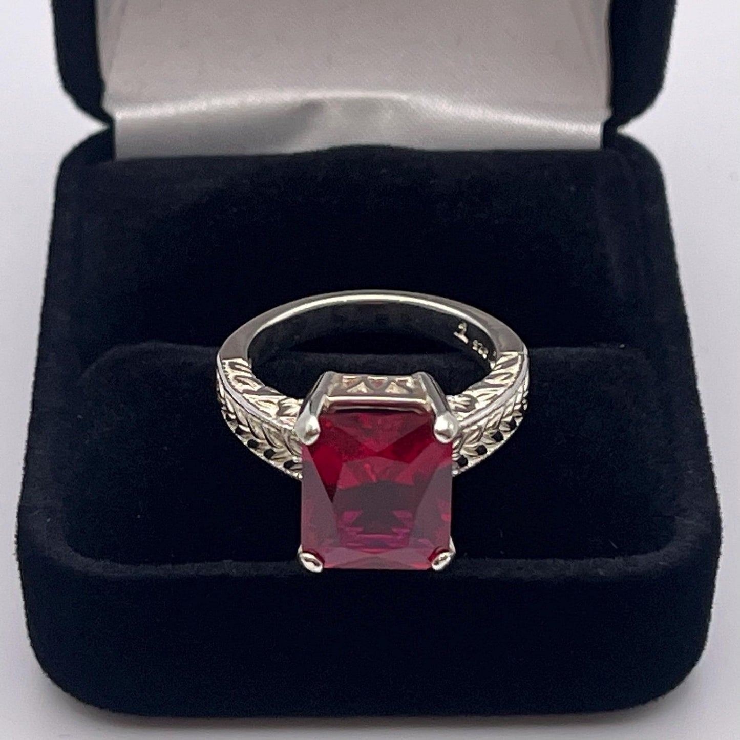 6ctw Emerald Cut Lab Ruby Ring Size 7 Carved Band