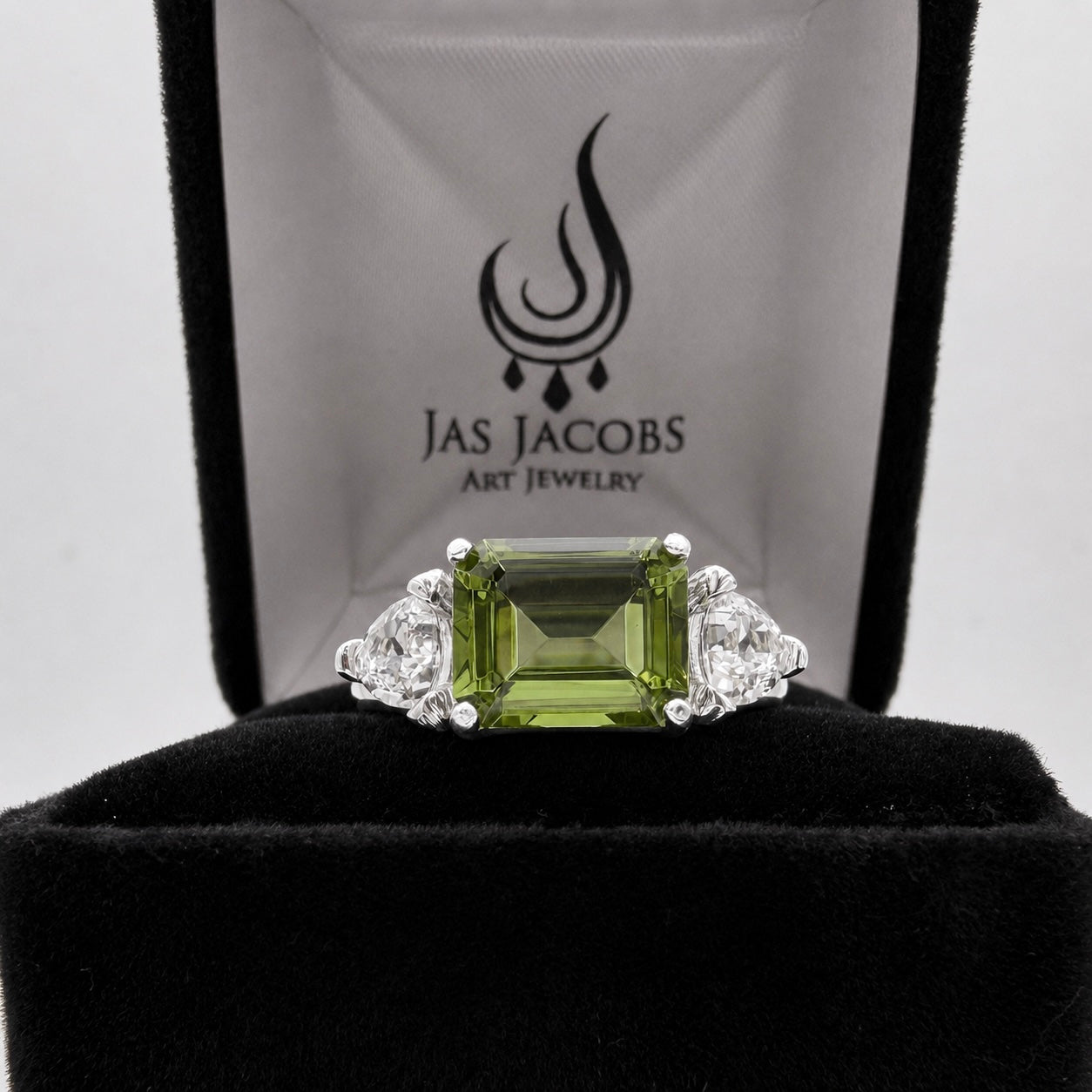 Emerald Cut Peridot & Trillion White Sapphire Art Deco Ring