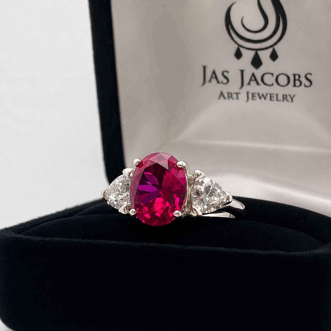 4.5ctw Oval Cut Ruby & Trillion Cut White Sapphire Three Stone Ring