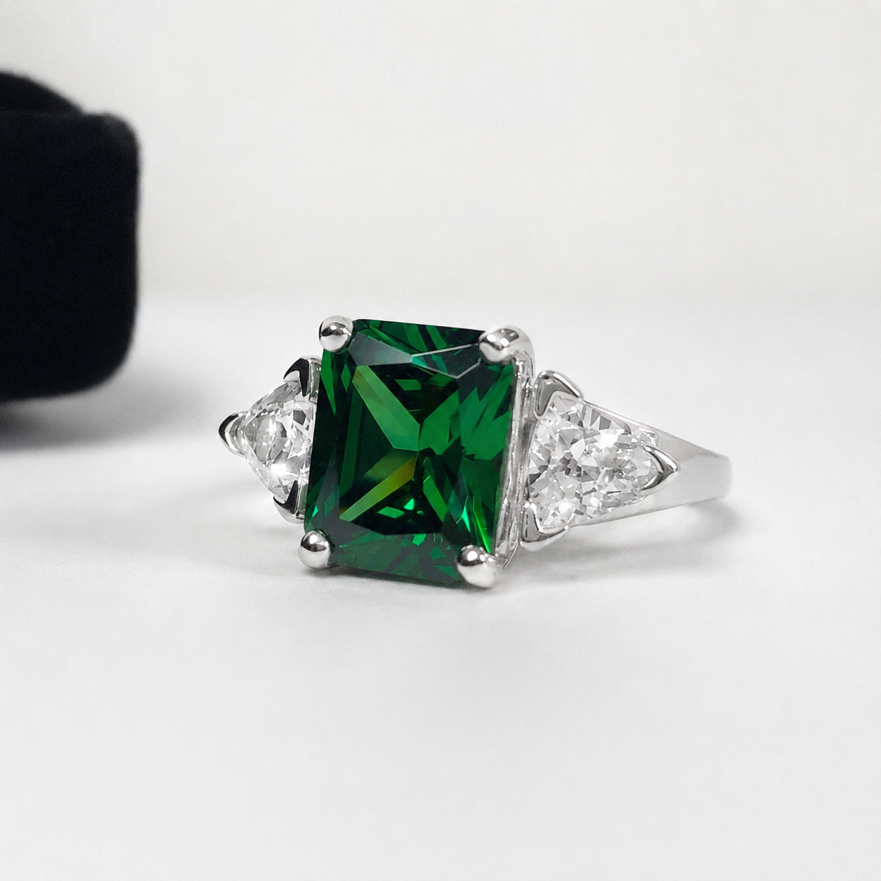 4.5CTW Emerald Cut Emerald Ring | Trillion White Sapphire Three Stone Ring