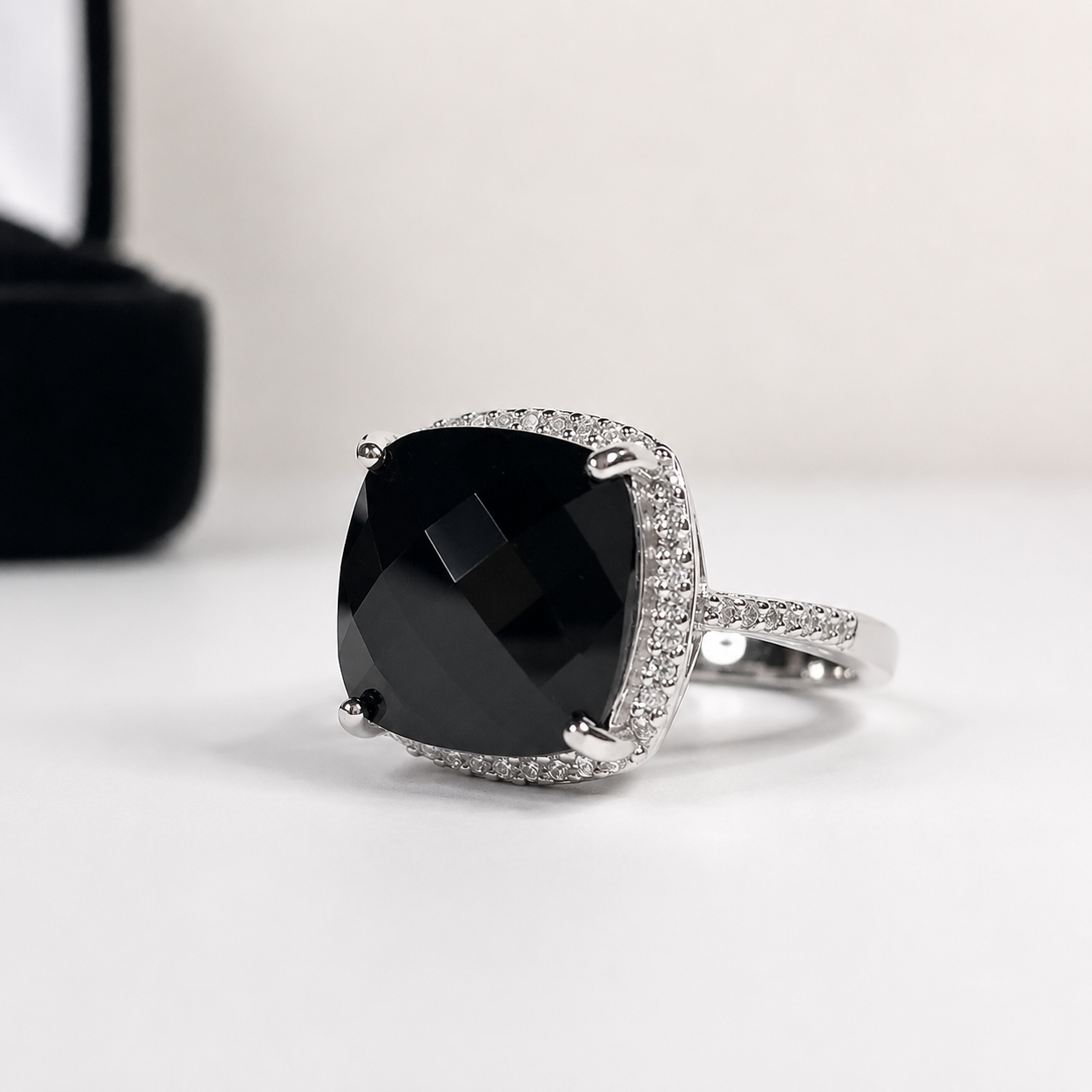 12ct Cushion Cut Black Onyx Halo Ring