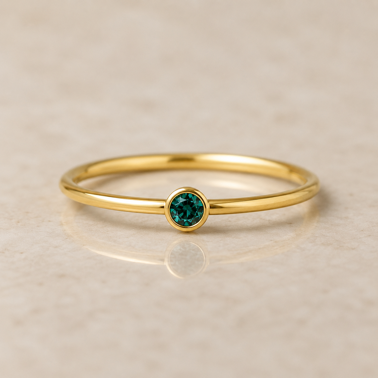 14K Yellow Gold Filled Emerald Green Cubic Zirconia Ring | Minimalist Bezel Set Stackable Birthstone Ring