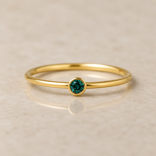14K Yellow Gold Filled Emerald Green Cubic Zirconia Ring | Minimalist Bezel Set Stackable Birthstone Ring