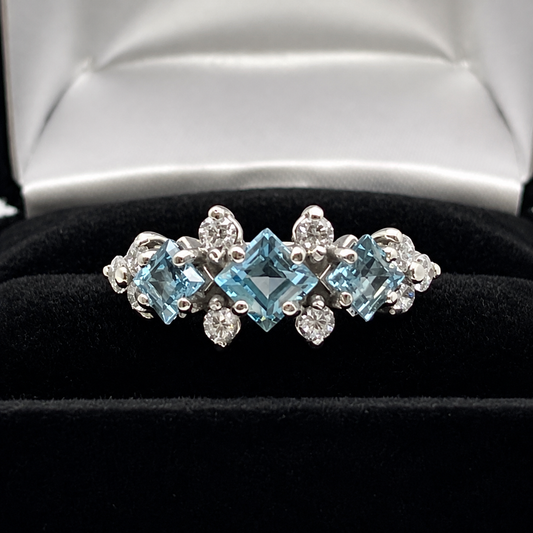Art Deco Inspired Princess Cut Sky Blue Topaz Three Stone Ring