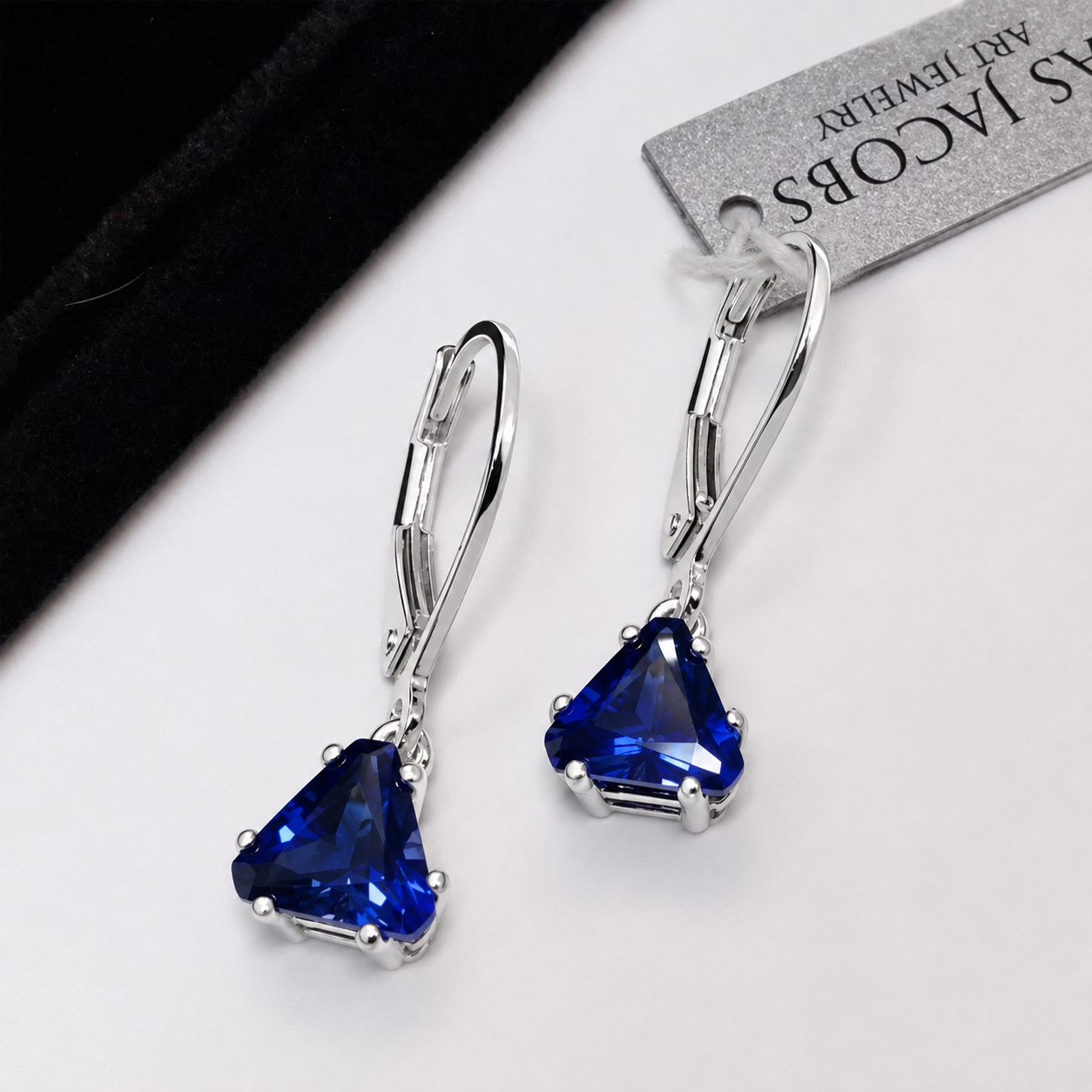 2 CTW Blue Sapphire Trilliant Drop Earrings