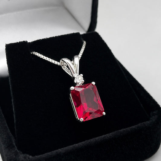3CTW Emerald Cut Ruby Pendant Necklace | Diamond Accent