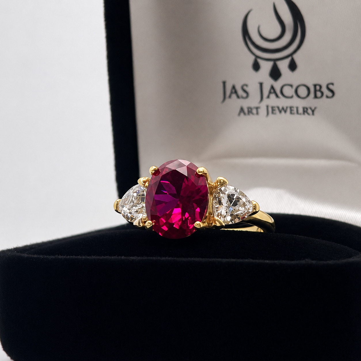 4.5ctw Oval Cut Ruby & Trillion Cut White Sapphire Three Stone Ring