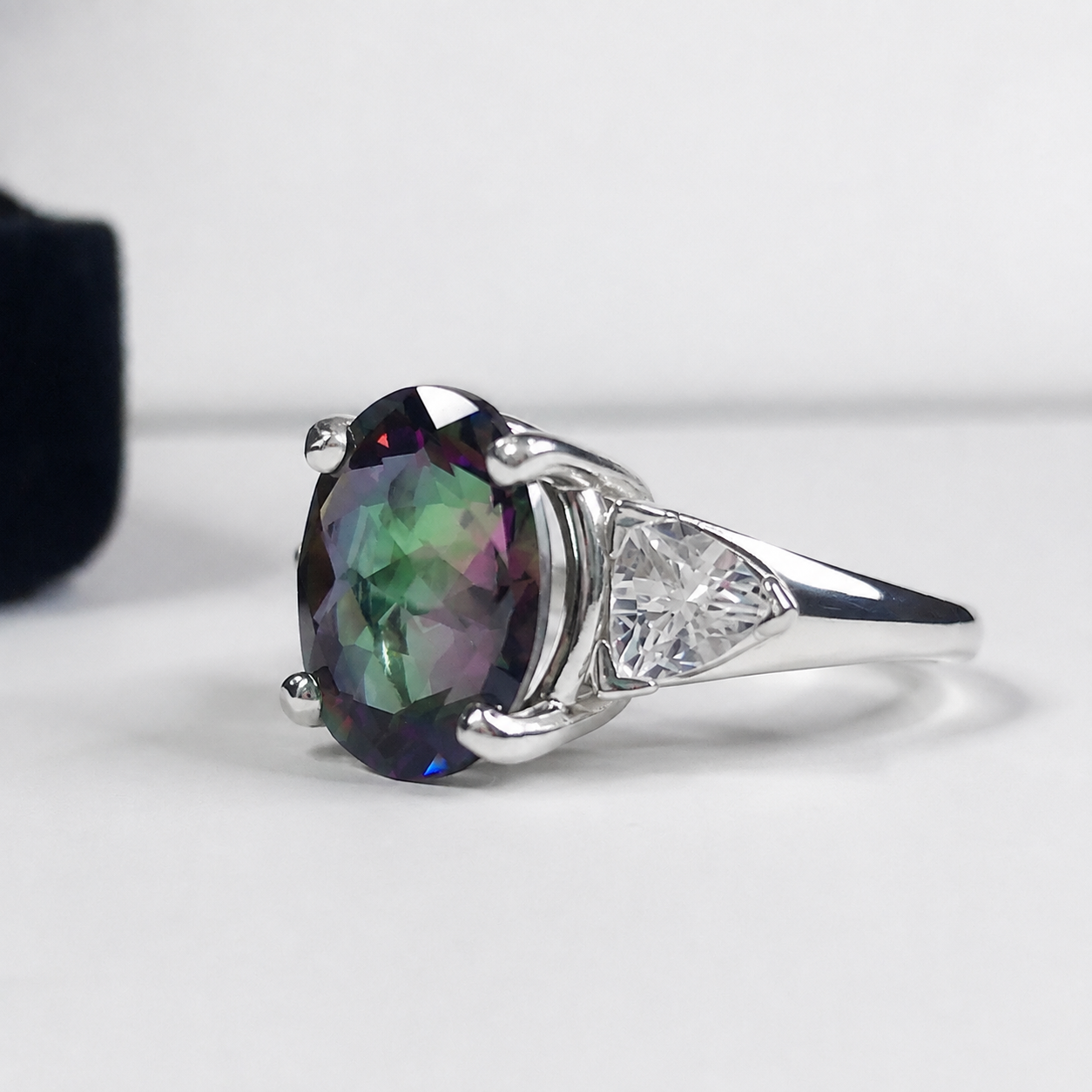 6ctw Rainbow Mystic Topaz Ring | White Sapphire Trillions | Three Stone Ring
