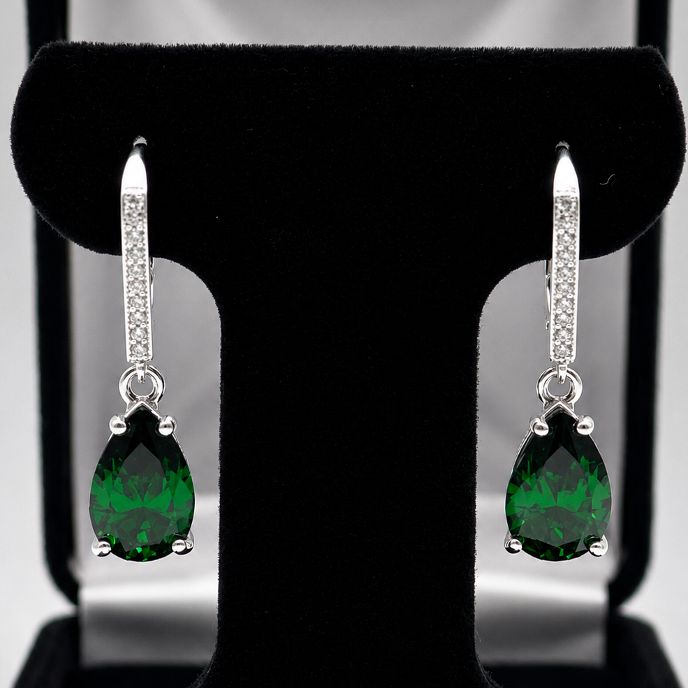 7ctw Pear Cut Emerald Earrings | Pave Leverback Drop Earrings | Emerald Dangle Earrings | Bridal Jewelry