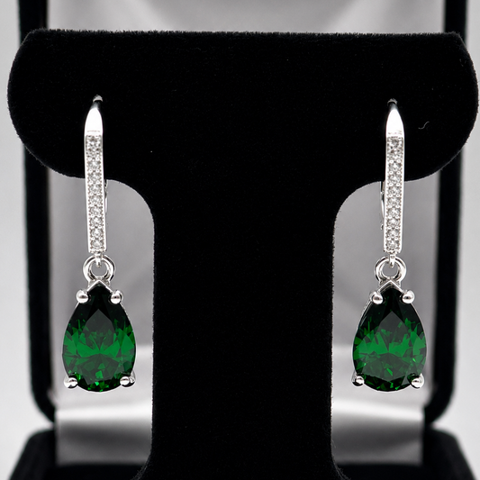 7ctw Pear Cut Emerald Earrings | Pave Leverback Drop Earrings | Emerald Dangle Earrings | Bridal Jewelry