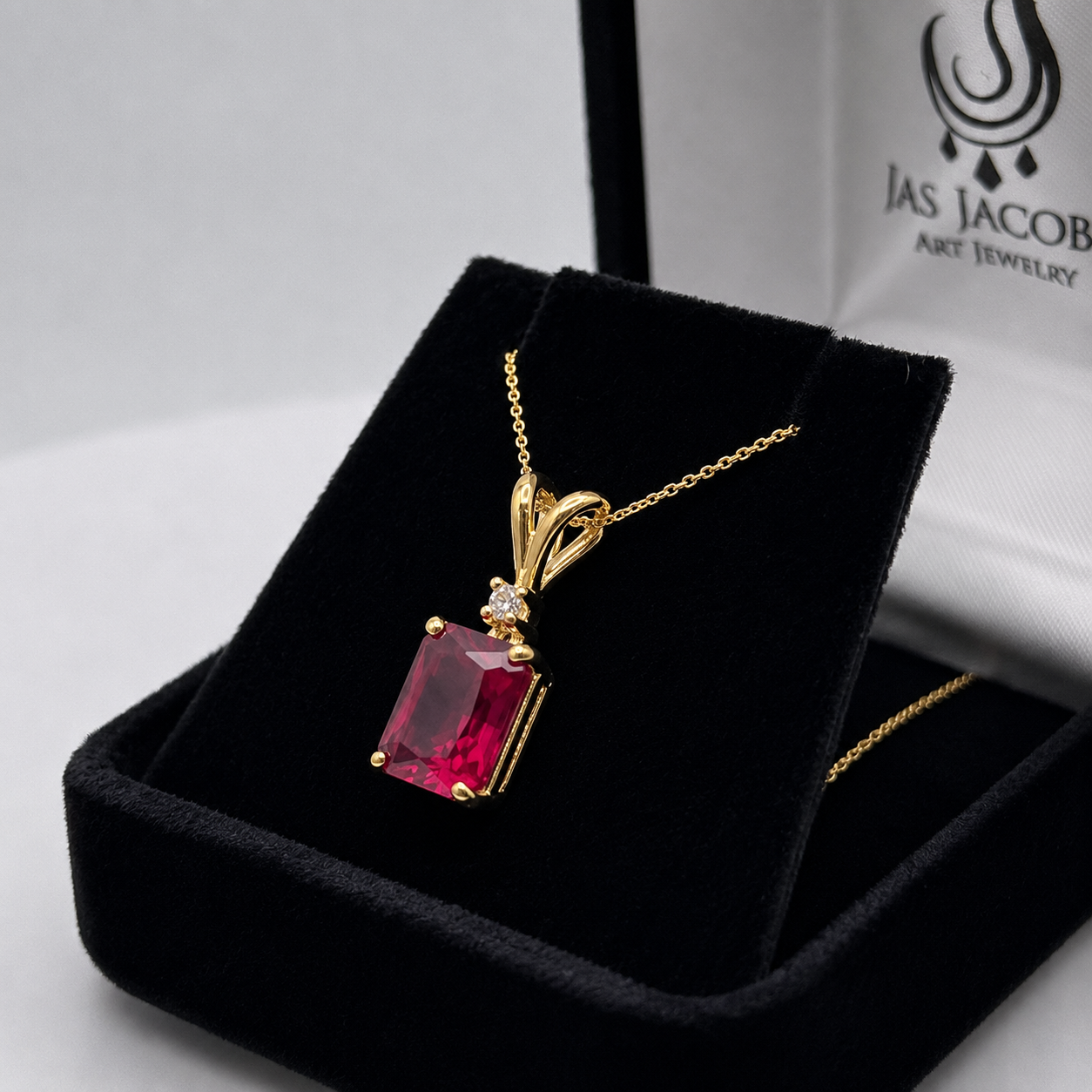 3CTW Emerald Cut Ruby Pendant Necklace | Diamond Accent
