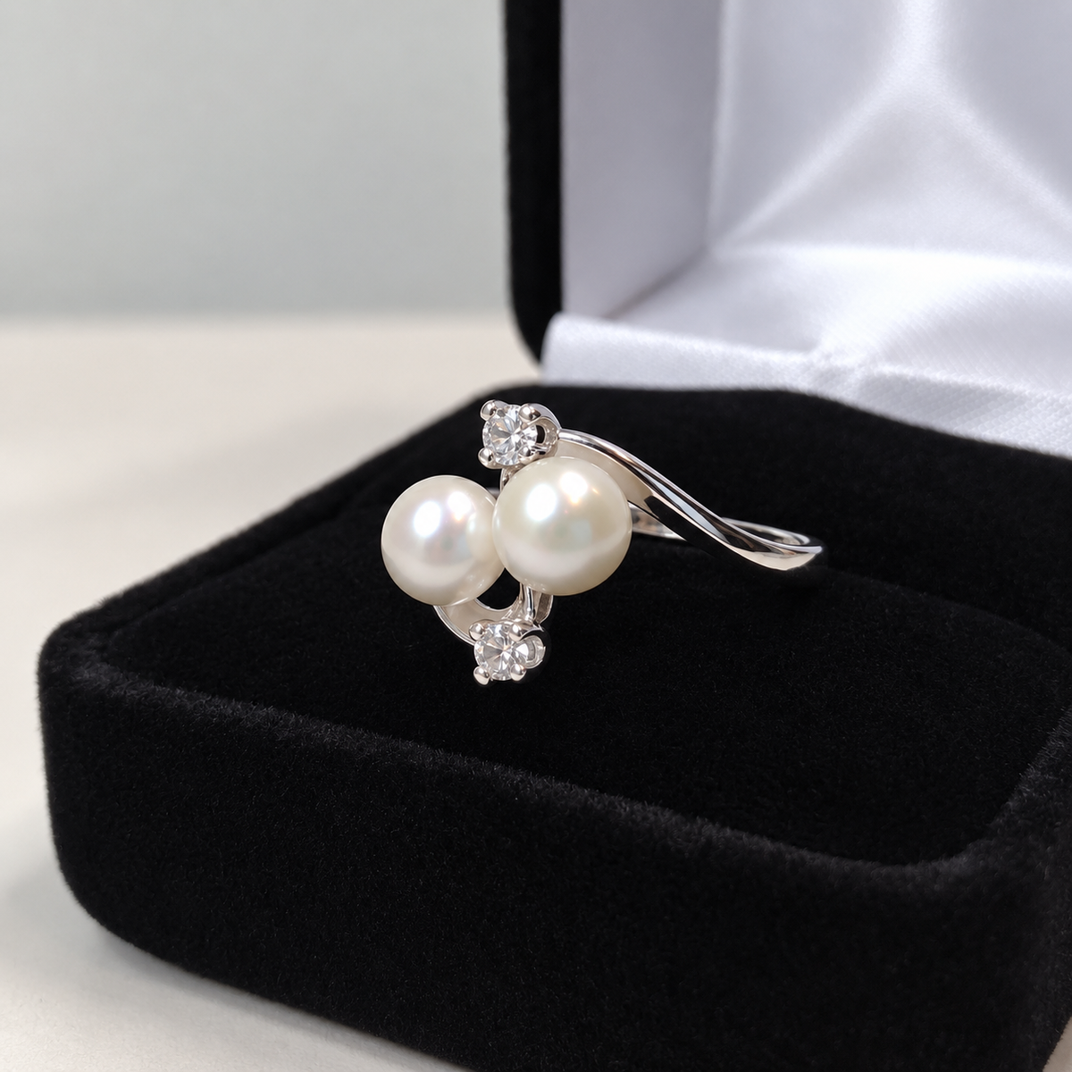 Twin Pearl & White Topaz Sculptural Ring
