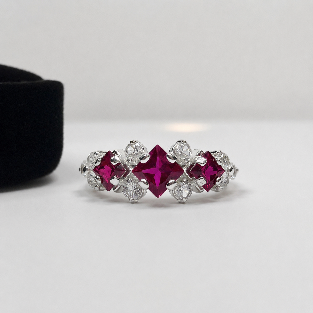Art Deco Inspired Ruby and Diamond Three Stone Ring