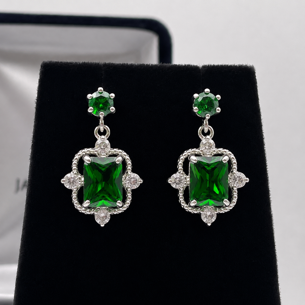 10.4ctw Emerald Cut Emerald Earrings White Sapphire Accents