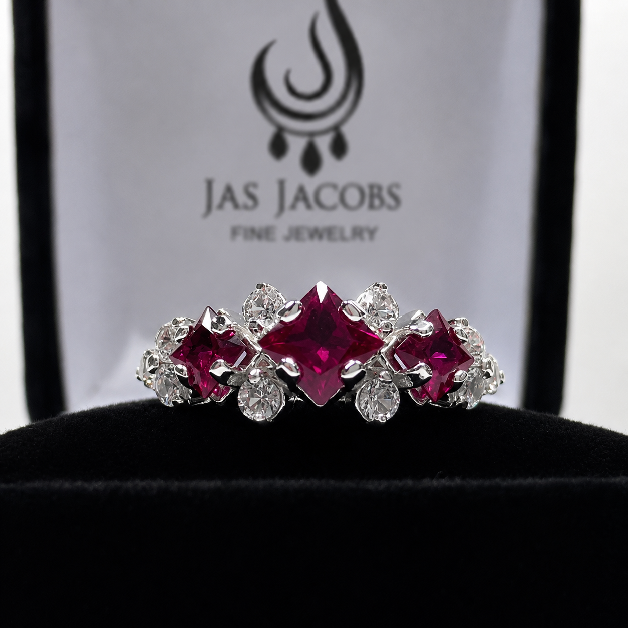Art Deco Inspired Ruby and Diamond Three Stone Ring