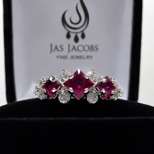 Art Deco Inspired Ruby and Diamond Three Stone Ring