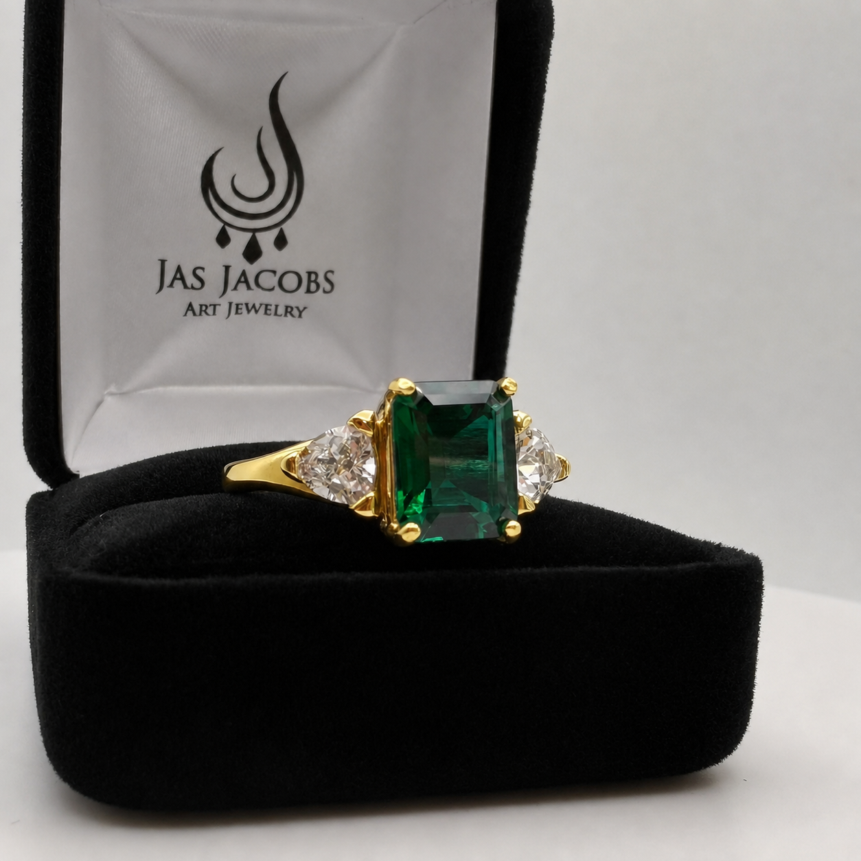 4.5CTW Emerald Cut Lab Emerald Ring | Trillion White Sapphire Three Stone Ring
