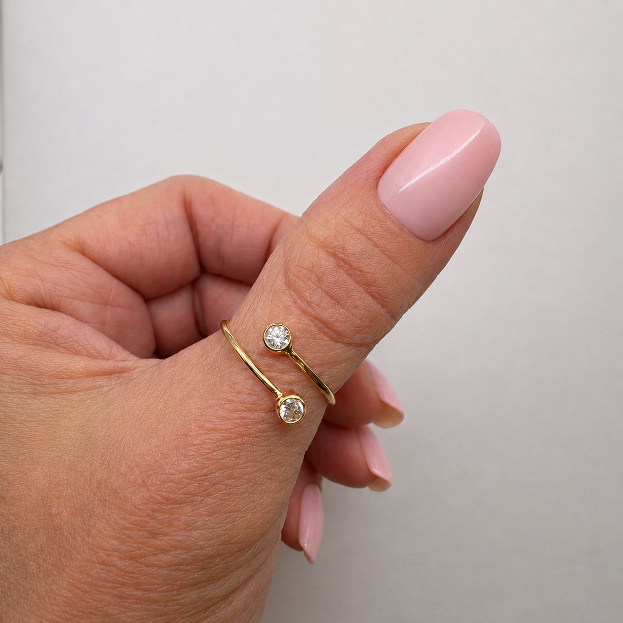14K/20 Yellow Gold Filled Adjustable Cubic Zirconia Open Ring – Minimalist Double Bezel Set CZ Wrap Ring for Women