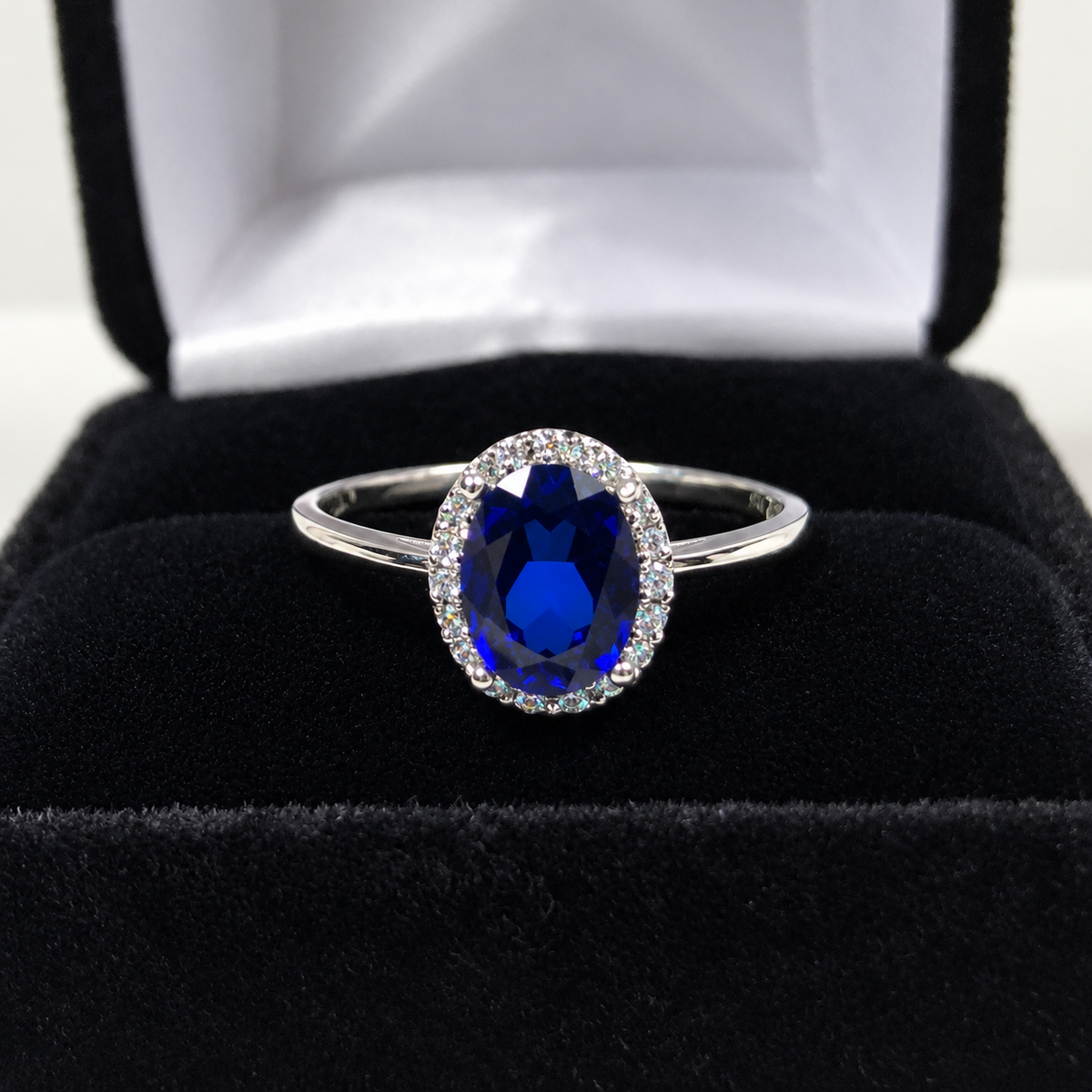 1.5ct Oval Royal Blue Sapphire Halo Ring