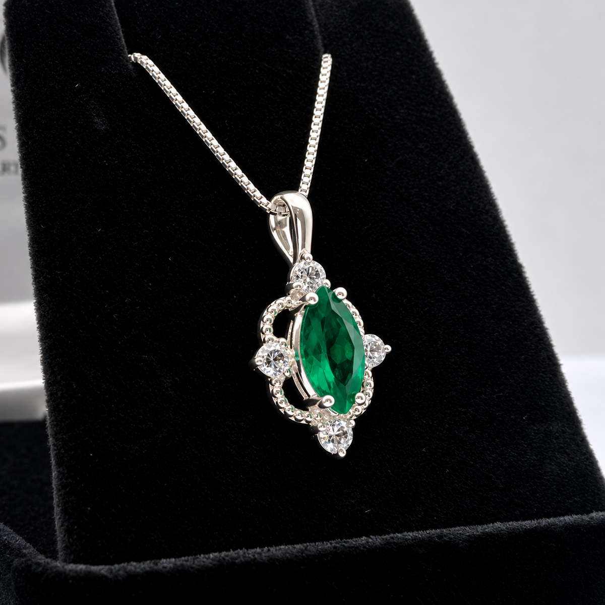 2ct Marquise Cut Emerald Necklace | White Sapphire Accent