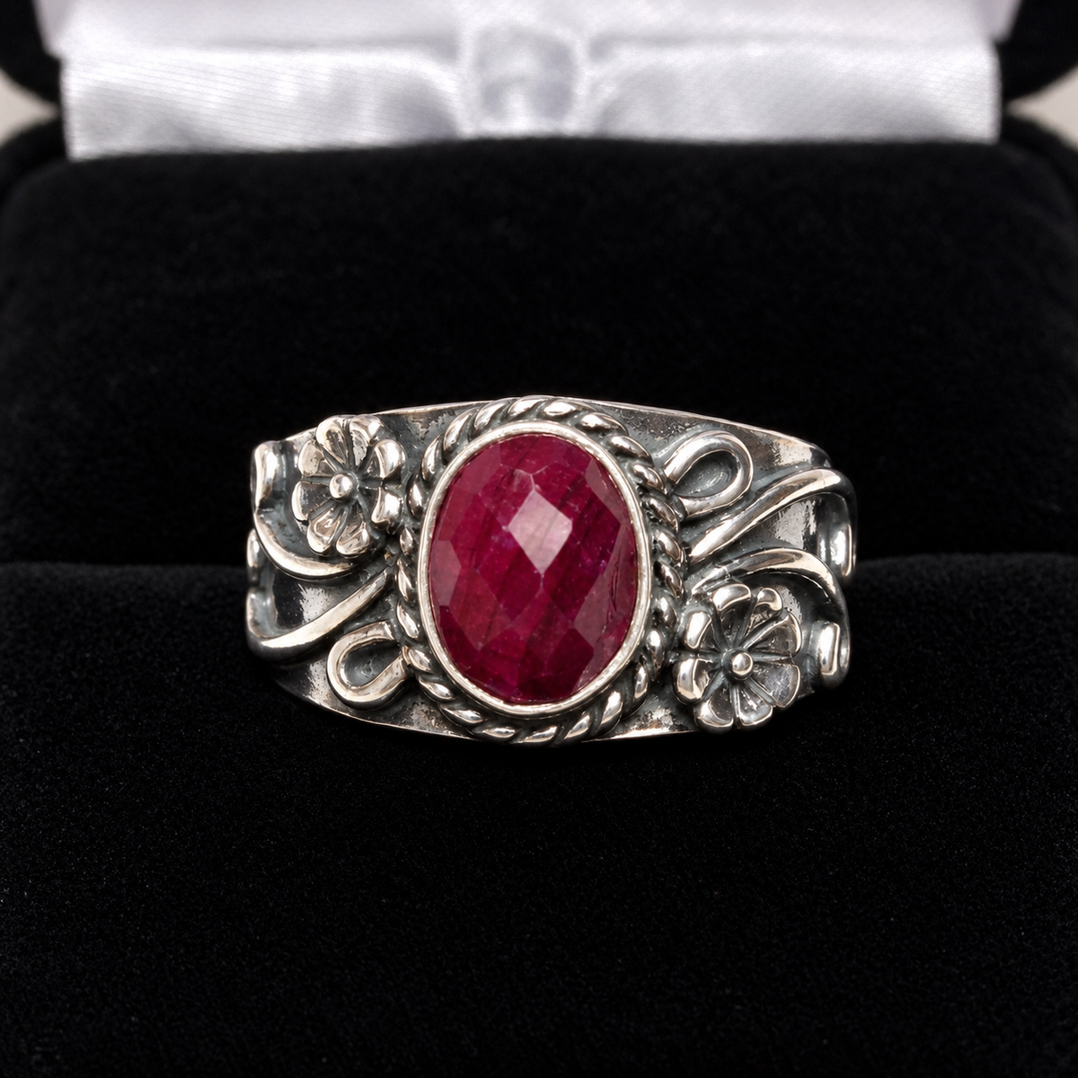 1.3ct Oval Genuine Ruby Floral Wide Band Ring