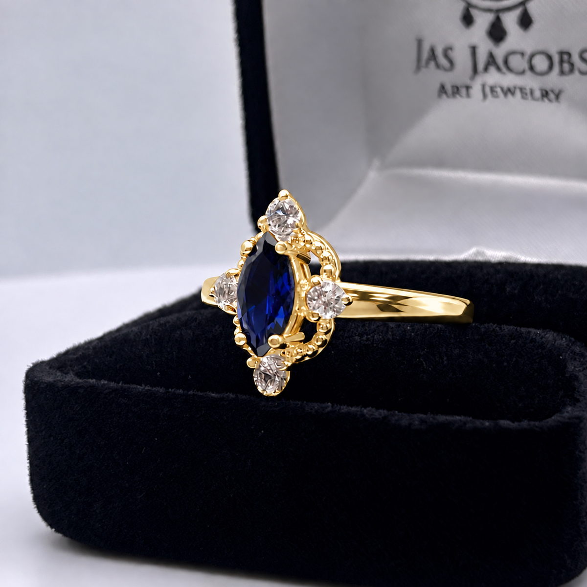 Marquise Sapphire & Diamond Navette Ring in Solid Gold