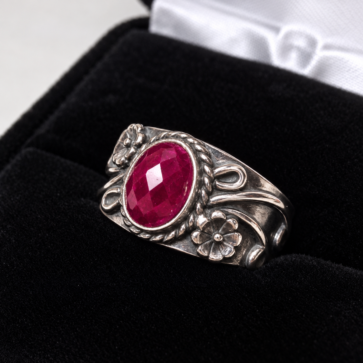 1.3ct Oval Genuine Ruby Floral Wide Band Ring