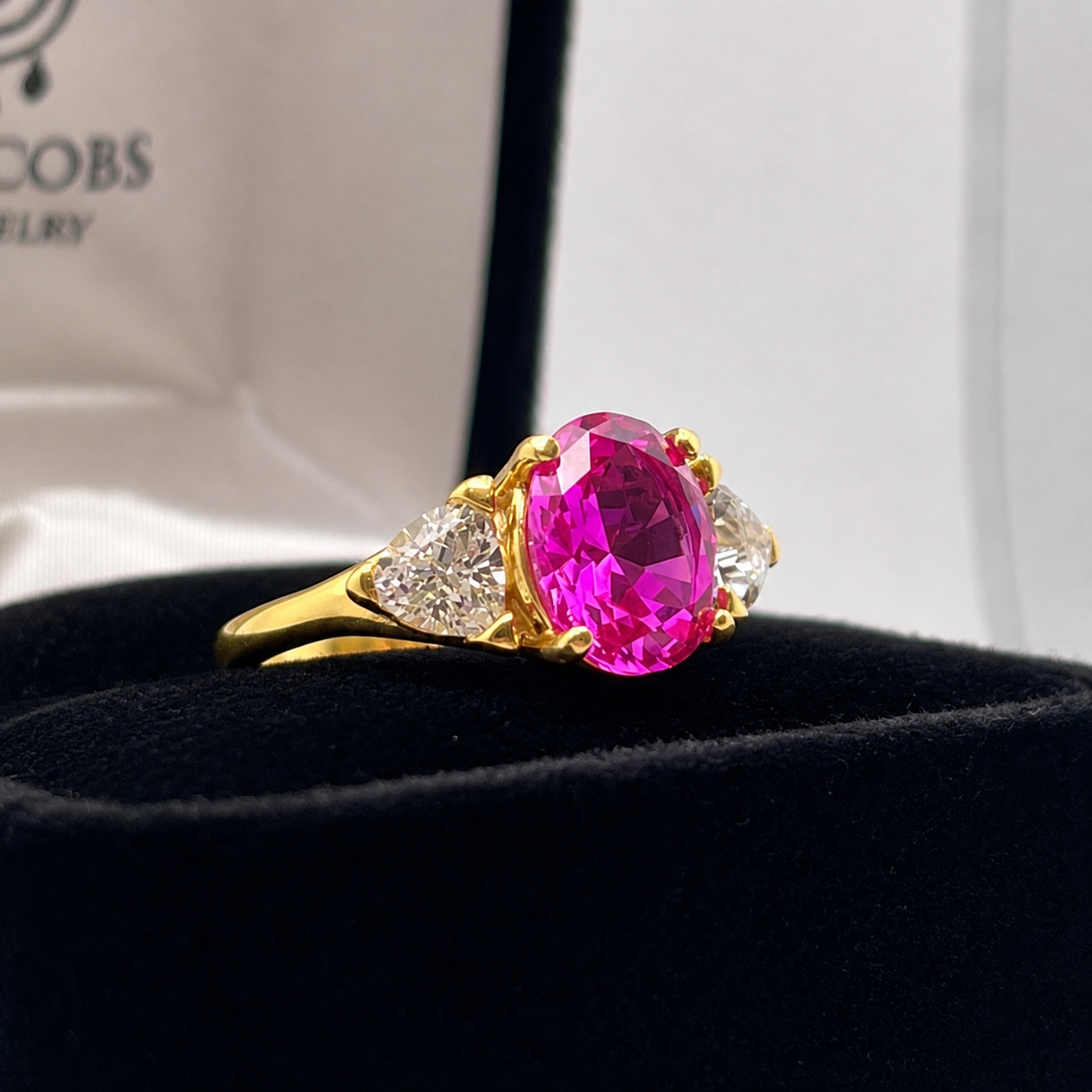 4ctw Bright Pink Sapphire Ring | White Sapphire Trillions | Three-Stone