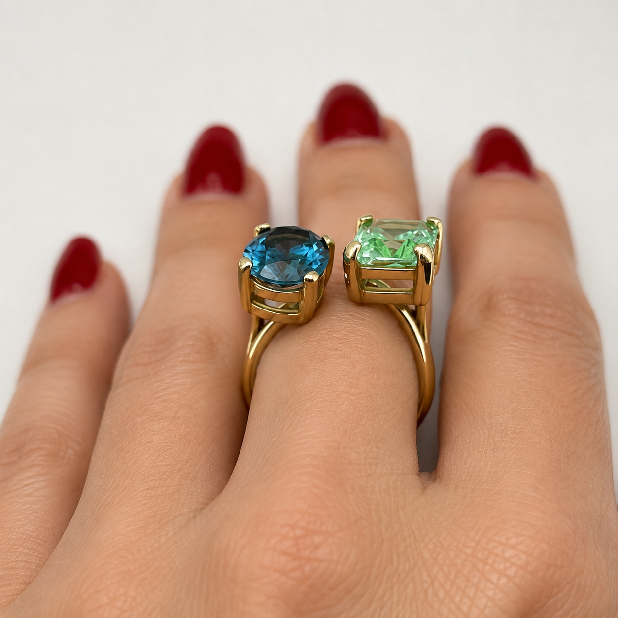 6.5ctw London Blue & Mint Green Spinel Ring | Toi et Moi Ring | Open Adjustable Design